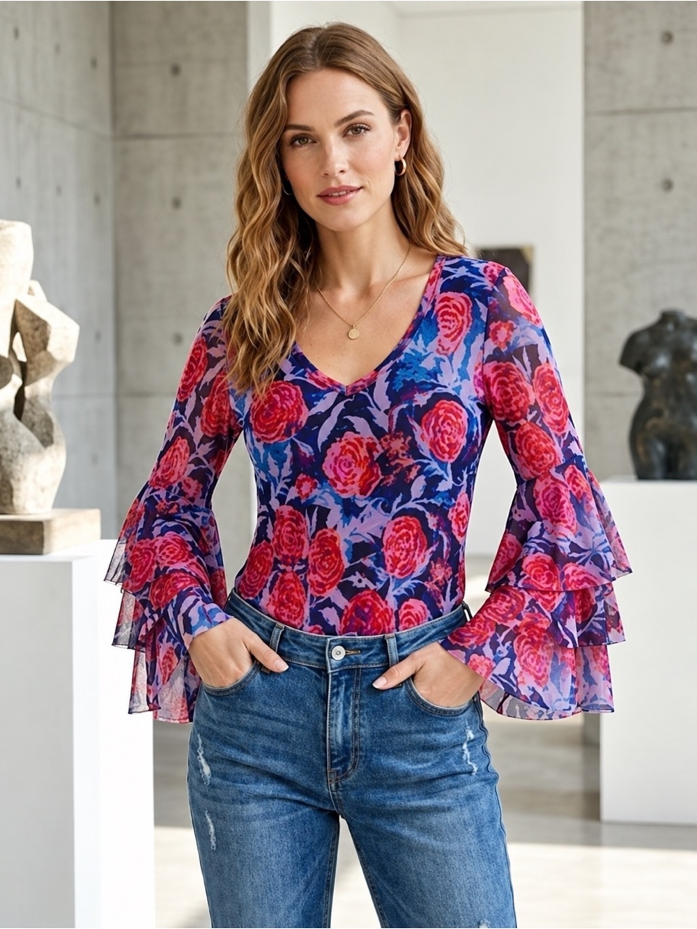 FUZZI Sheer Floral Ruffle Sleeve Top - Pink & Navy Large